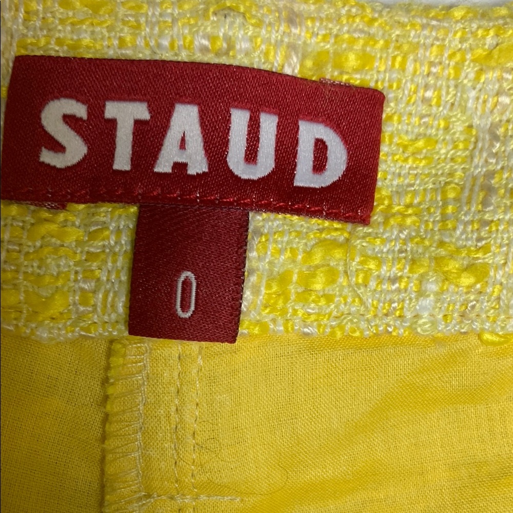 STAUD “Sorno” Yellow and Cream High Waist Fringe Tweed Shorts - Picture 4 of 6